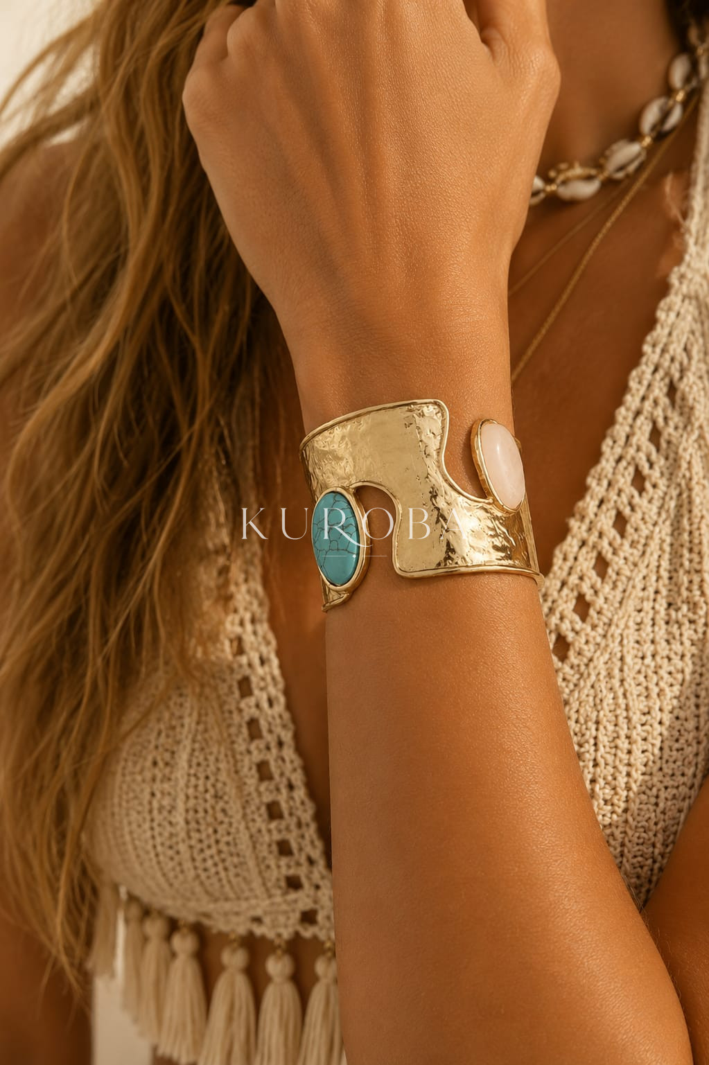 Brazalete Boho Cuarzo Rosa & Turquesa