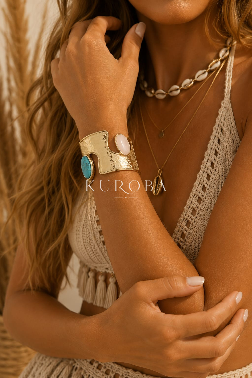 Brazalete Boho Cuarzo Rosa & Turquesa - Imagen 3