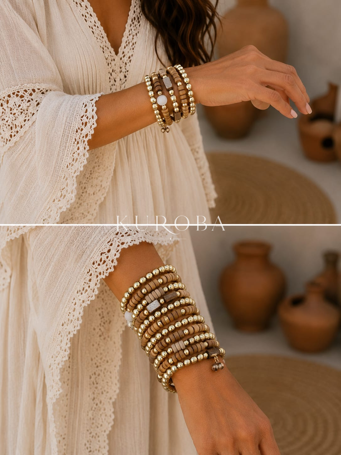 Pulsera Boho Chic Dorada y Madera - Imagen 3